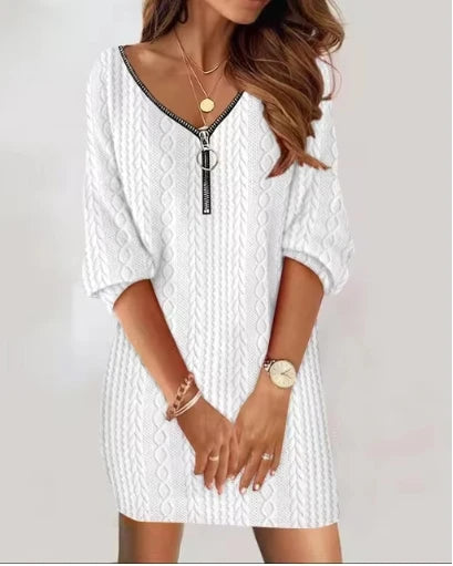 Sexy Zipper Mini Dress Women Winter Autumn V Neck Long Sleeve Dresses Solid Color Casual Basic Robe