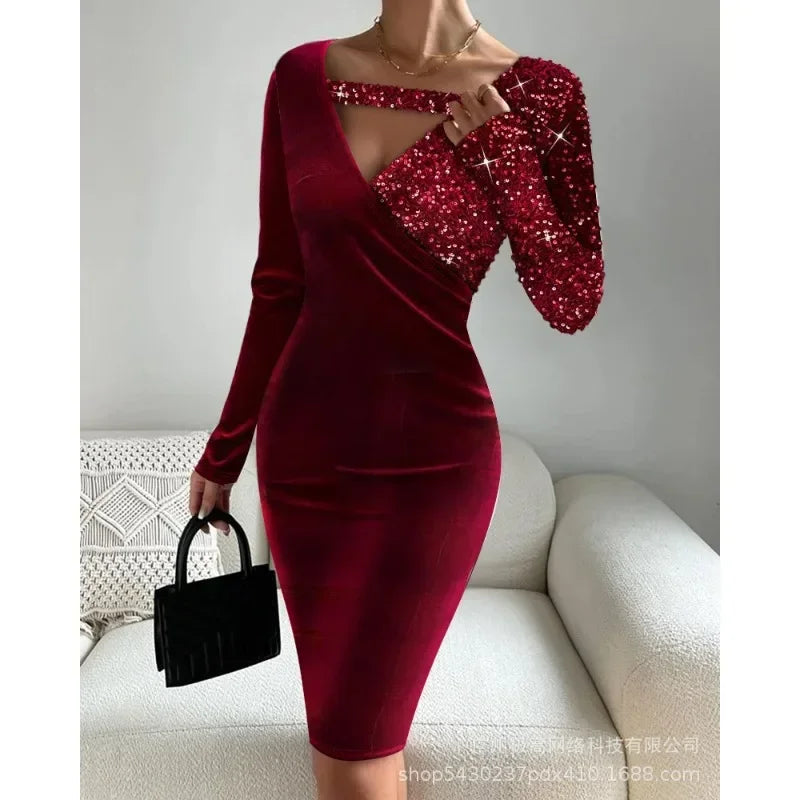 Sweater Dresses High Waist Button Decor Trend Sheath Sexy Dress Women Long Sleeve V-neck Mid-Length Long Sleeve Knit Midi Dress