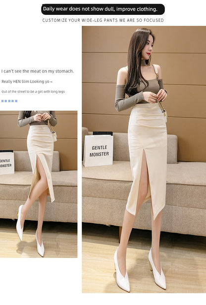 Irregular Slit Mid Length Long Length Spring Pleated Skirt