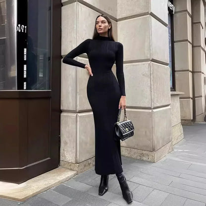 Long Sleeve Knitted Dress Women Elegant Turtleneck Slim Maxi Sweater Dresses Autumn Winter Casual Solid Basic Party Dress 2024