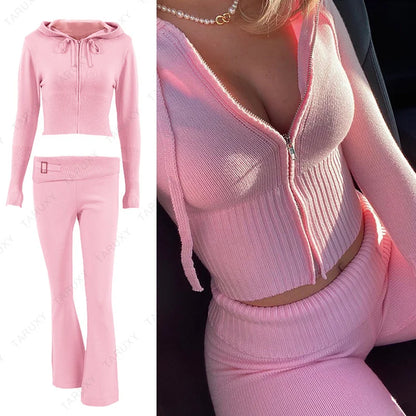 Autumn New Knitted Hoodie Set Women's Fashion Brand Solid Color Sexy High Waist Long Sleeve Pants Two Piece Set