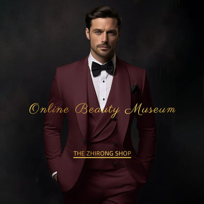 Elegant Burgundy Tuxedo Suit for Men 3 piece set Jacket Vest Pants Classic Attire for Wedding Dating Host Prom Ball Party