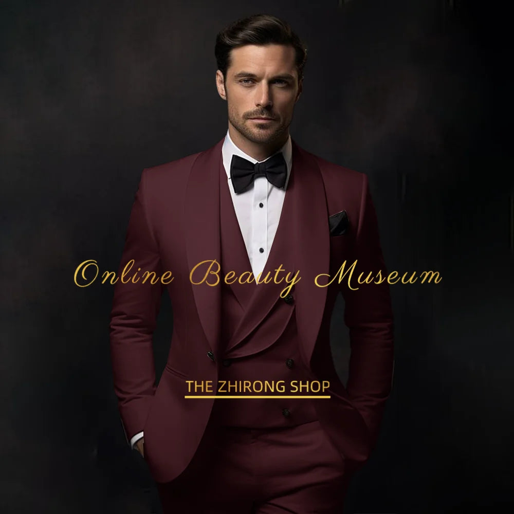 Elegant Red Tuxedo Suit for Men 3 piece set Jacket Vest Pants Classic Attire for Wedding Dating Host Prom Ball Party