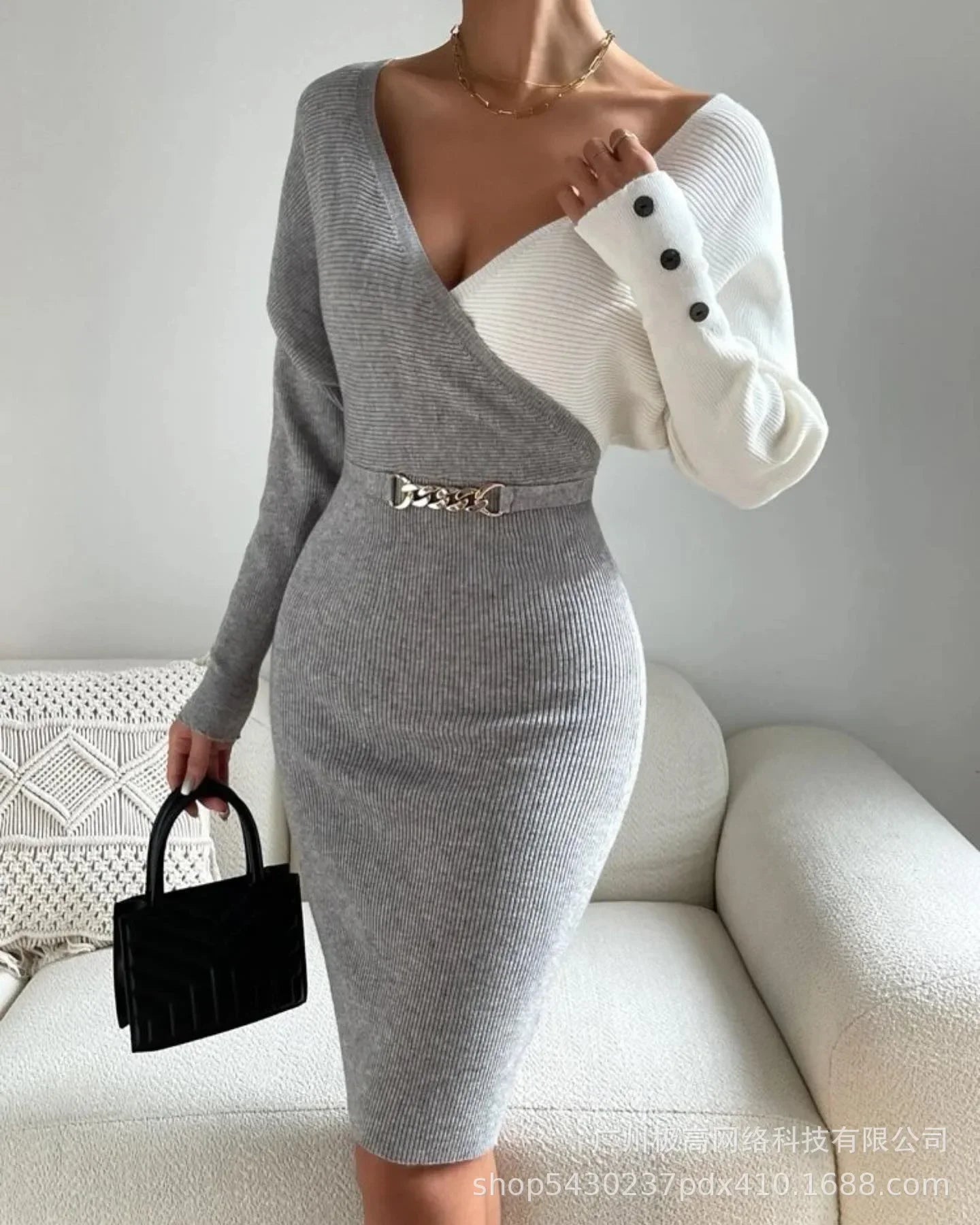 Sweater Dresses High Waist Button Decor Trend Sheath Sexy Dress Women Long Sleeve V-neck Mid-Length Long Sleeve Knit Midi Dress