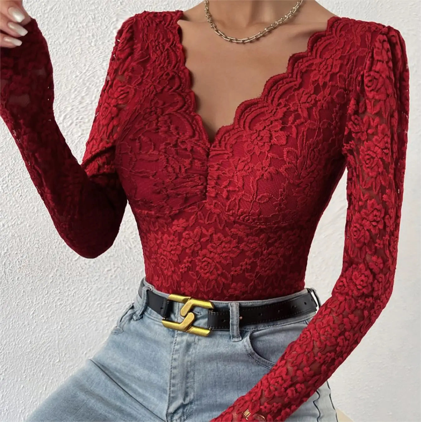 Women Floral Lace Scallop Trim Teddy Bodysuit Long Sleeve V Neck Slimming Body Shaper Sexy Night Club Party Leotards Tops