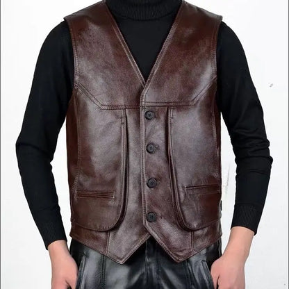 Large piece of Genuine Leather Men's Fit Real Cowhide Leather Waistcoat Vest sleeveless jacket