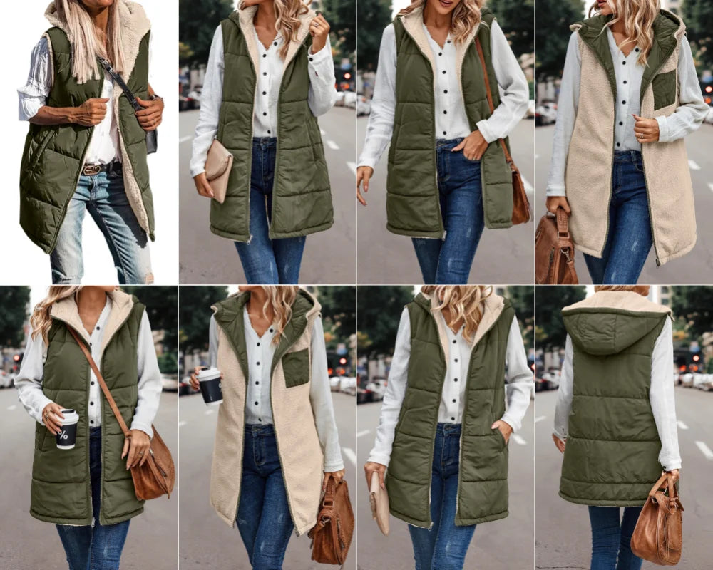 Winter Women's Vest Fleece Hooded Reversible Sleeveless Women's Jacket Faux Wool Vest Fashion Street Women's Clothing S-5XL