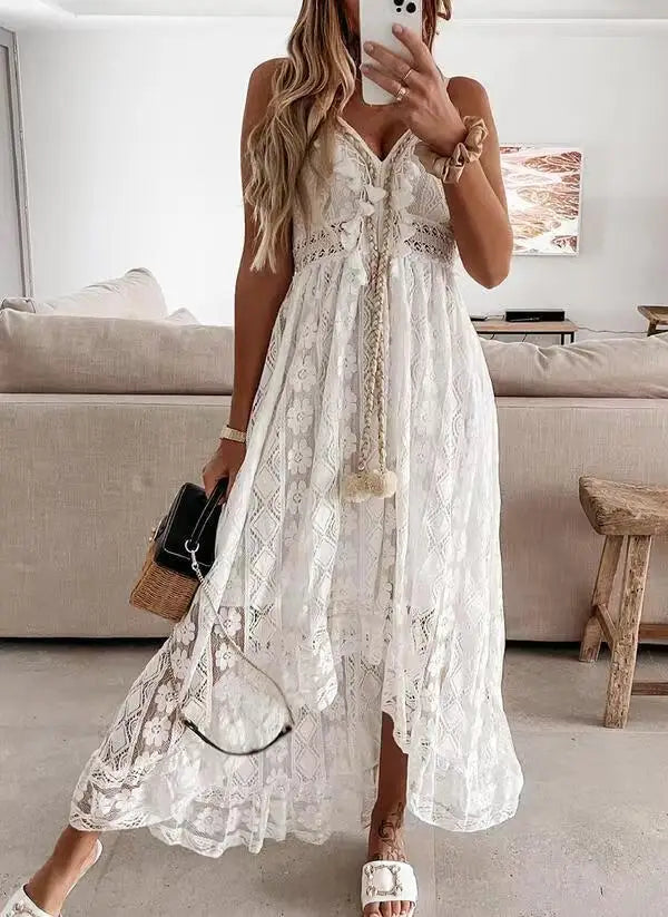 Elegant Dress 2024 Summer New V-neck Lace Hanging Strap Large Swing Solid Color Long Dress For Evening Party