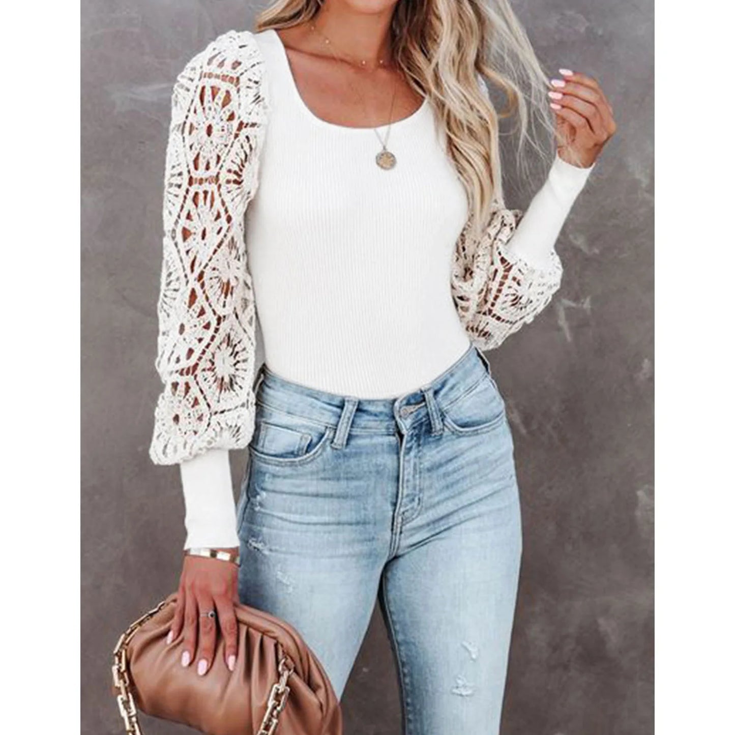 Knitted Top Spring Autumn Women's Long Sleeve Tops Knitted Sweater Hollowed Out Lace Pullover Loose Solid Color Sweater