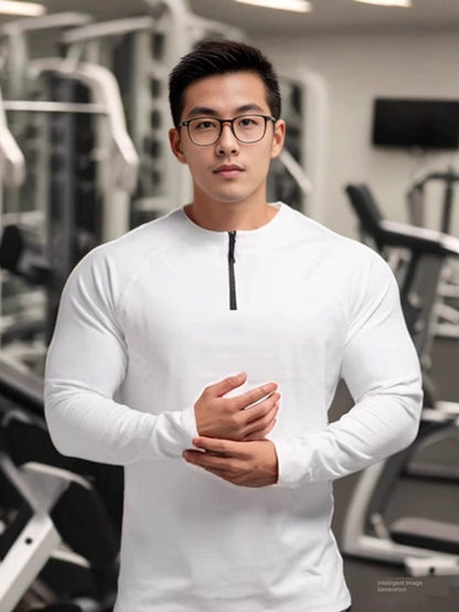 Winter American Style Workout Clothes Large round Neck Half Zipper Sports Long Sleeves T-shirt Men's Stretch Dralon Heattech Undershirt