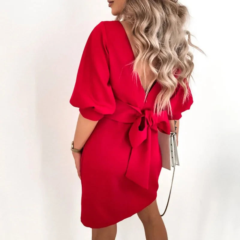 Women Solid O-Neck Princess Party Dress Spring Autumn Sexy Three Quarter Sleeve Ladies Bow Backless Streetwear