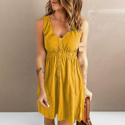 Summer New Arrival Niche Style Front Row Buttons Sleeveless Dress