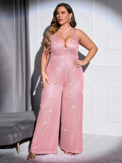 Cinemore  Chic and Elegant Women Jumpsuit Plus Size Sequin Wide Leg trousers Deep V Neck Sexy Cami dresses for Prom Bodysuit