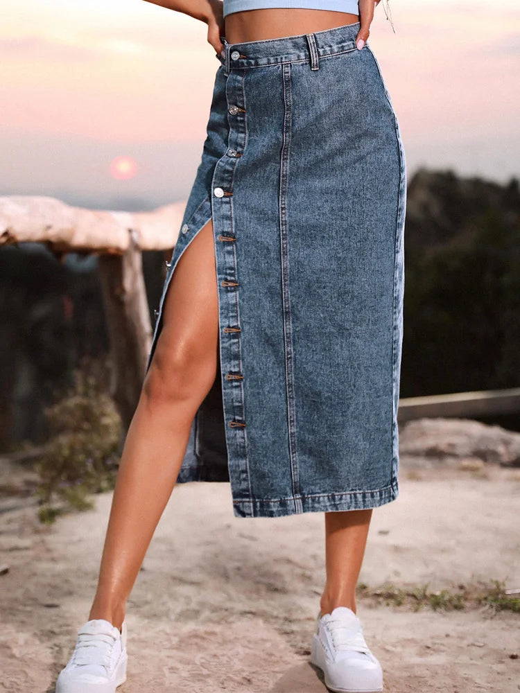 Sexy Streetwear Button Women Skirt Elegant Denim Skirt Female High Waist Casual Bodycon Long Skirts