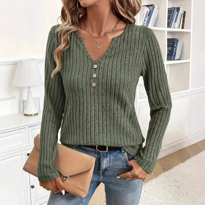 Women Casual Knitted Casual Pit Strip Autumn New V-neck Button Long-sleeved Tops for Women