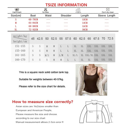 Women Summer Cotton Sexy Inner Square Neck Tank Top Versatile Slim Knit Basic Crop Top Off Shoulder Simple Elastic Bottom Shirt