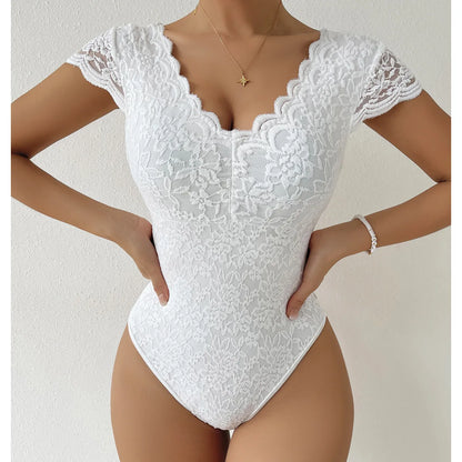 Sexy Bodysuit Women White Bodycon Long Sleeve V Neck Lace Bodysuits Overalls Tops Female Body Suit