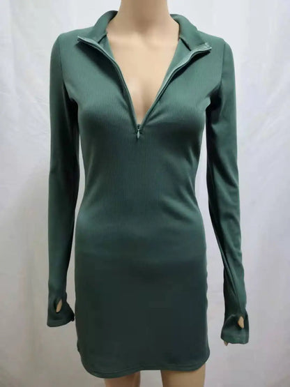 Women Half Zip Up Bodycon Party Dress Spring Autumn Long Sleeve Slim Rib Knitted Mini Dresses