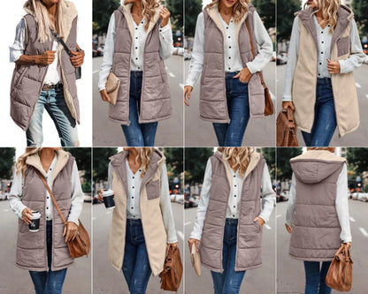 Winter Women's Vest Fleece Hooded Reversible Sleeveless Women's Jacket Faux Wool Vest Fashion Street Women's Clothing S-5XL