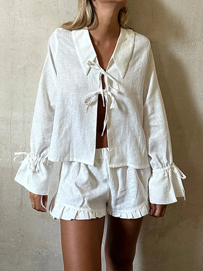 White Shorts 2 Piece Set Women Drawstring Long Sleeve Lace-up Blouse+Ruffles Short Pant Casual Fashion Transparent Sets 2025 New