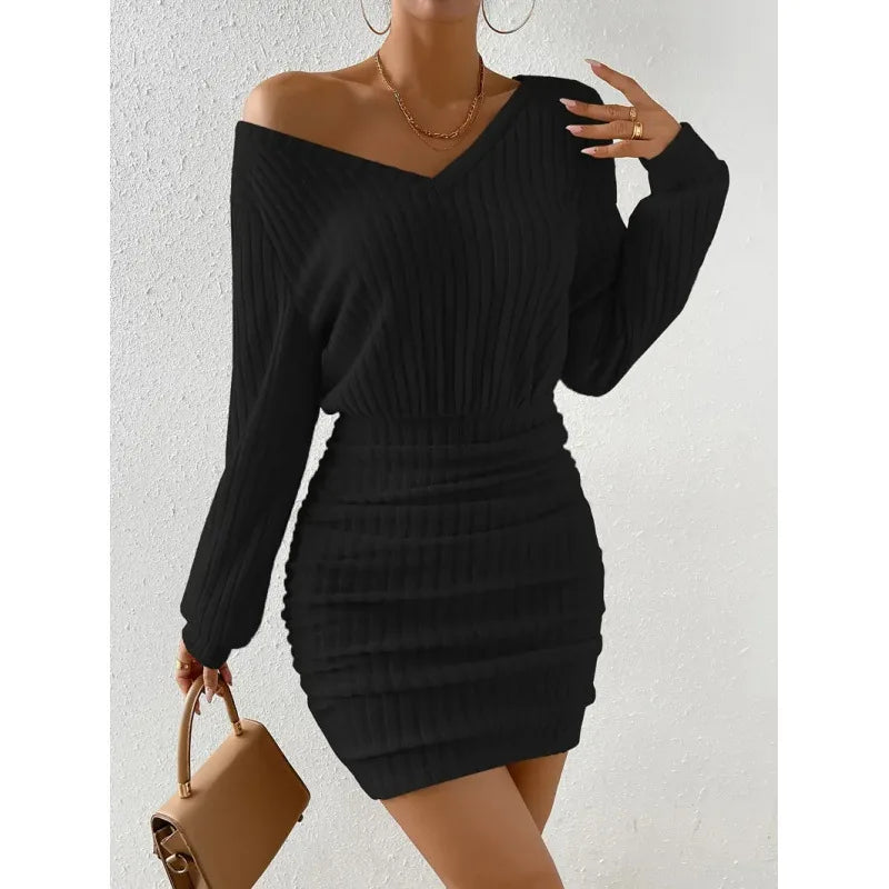 Women's Autumn Winter Knitted Sweater Mini Dress Female Casual Solid Wrap V-neck Long Sleeve Warm Bodycon Short Dresses Robe