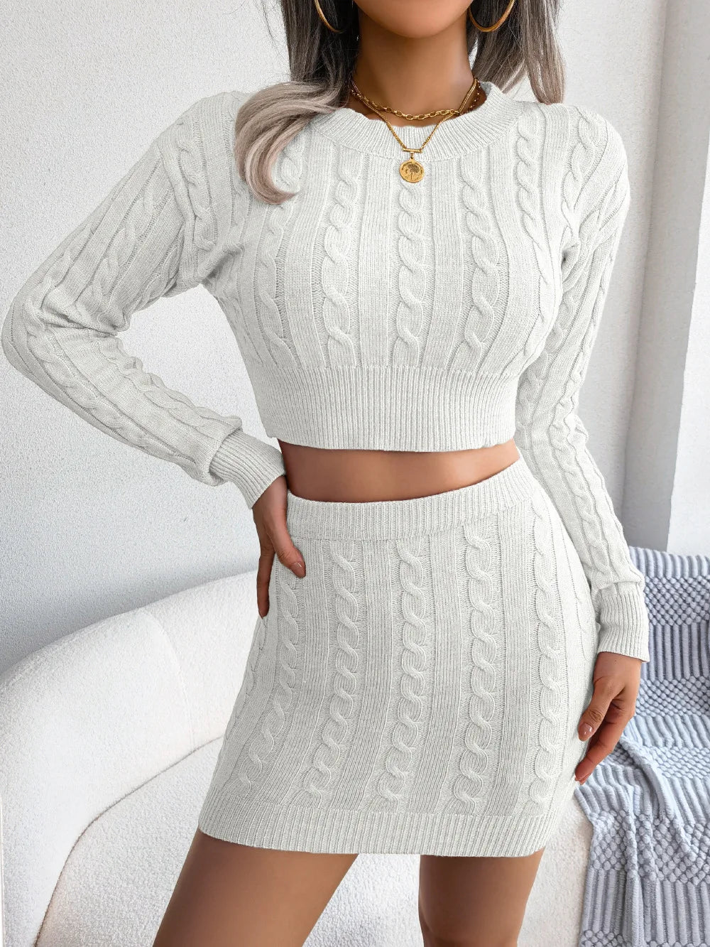 Women Clothes Set Twist Midriff-Baring Sweater Hip Mini Skirt Knitting Suit Solid Color