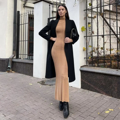 Long Sleeve Knitted Dress Women Elegant Turtleneck Slim Maxi Sweater Dresses Autumn Winter Casual Solid Basic Party Dress 2024