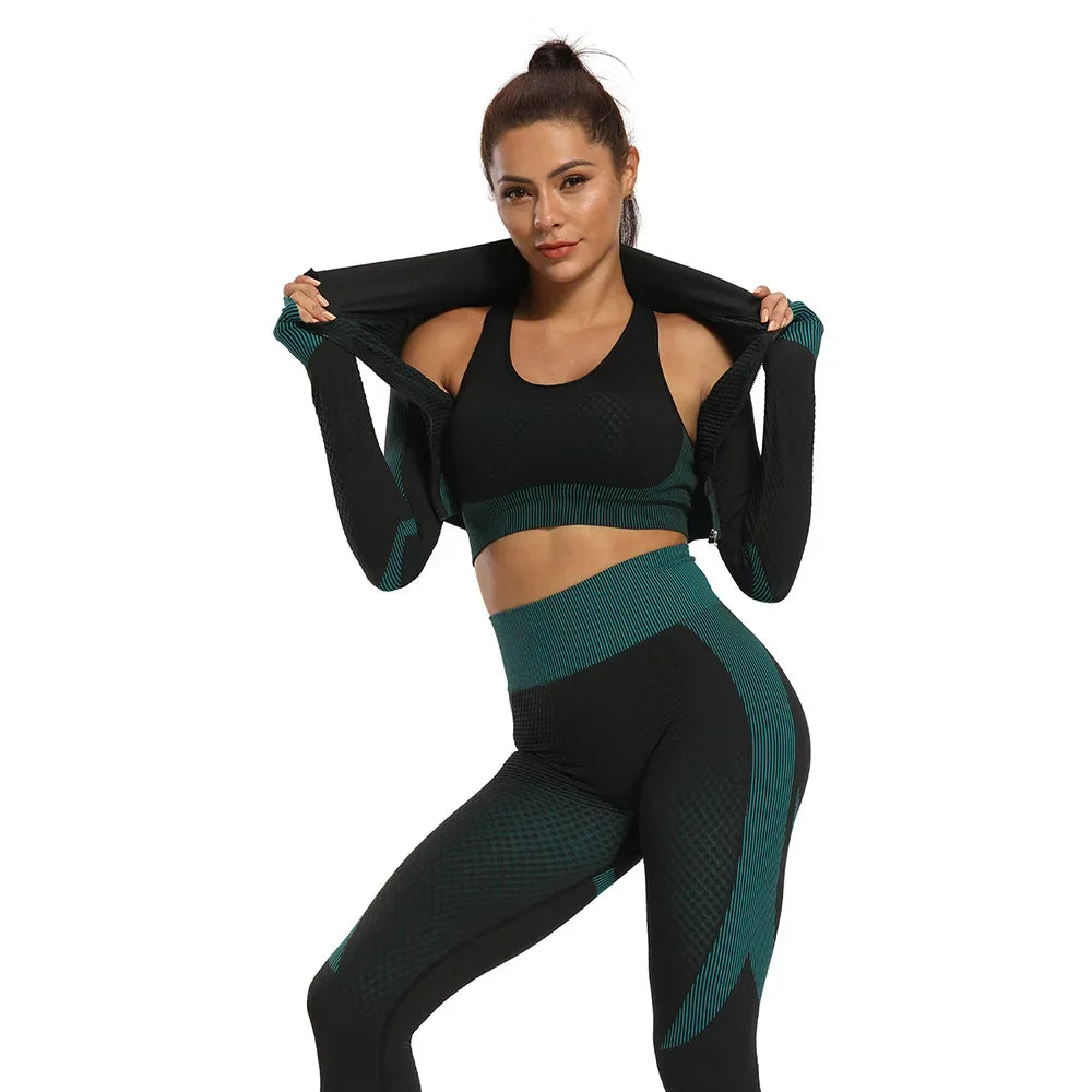 3pcs Set Fitness Suit Yoga Suit Women Sports Suit  Sweatshirt Push Up Tights Sports Bra Top Long Sleeve Women Sportswear