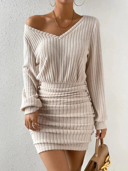 Women's Autumn Winter Knitted Sweater Mini Dress Female Casual Solid Wrap V-neck Long Sleeve Warm Bodycon Short Dresses Robe