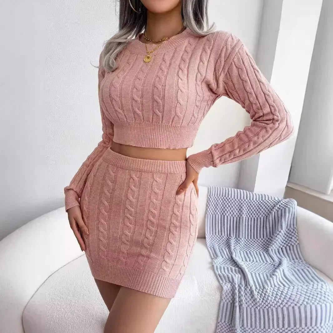 Women Clothes Set Twist Midriff-Baring Sweater Hip Mini Skirt Knitting Suit Solid Color