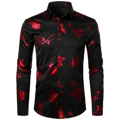 Men's Gold Shirt 3D Rose Print Slim Fit Button-Down Party Dress Shirt Athleisure Fashion Comfortable Long Sleeve