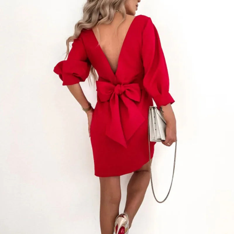 Women Solid O-Neck Princess Party Dress Spring Autumn Sexy Three Quarter Sleeve Ladies Bow Backless Streetwear