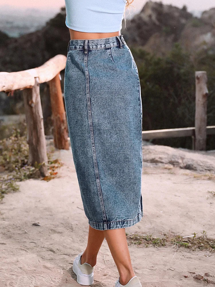 Sexy Streetwear Button Women Skirt Elegant Denim Skirt Female High Waist Casual Bodycon Long Skirts