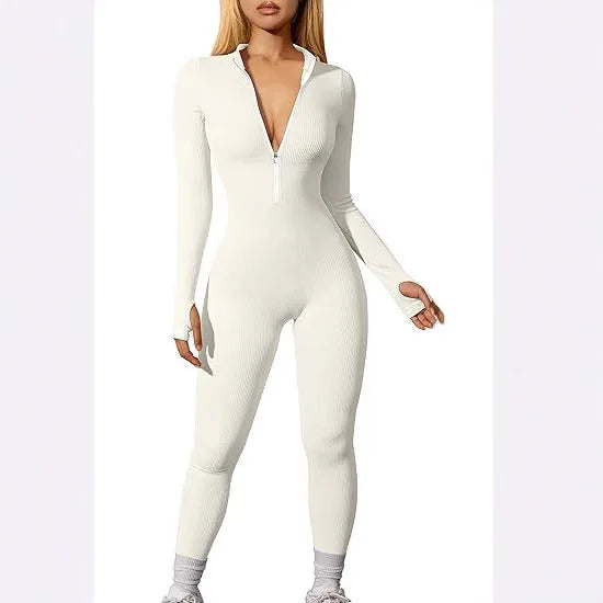 Hot Selling Women's Yoga Jumpsuit Exercise Ribbed Long Sleeved Front Zipper Sports Jumpsuit