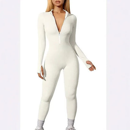 Hot Selling Women's Yoga Jumpsuit Exercise Ribbed Long Sleeved Front Zipper Sports Jumpsuit