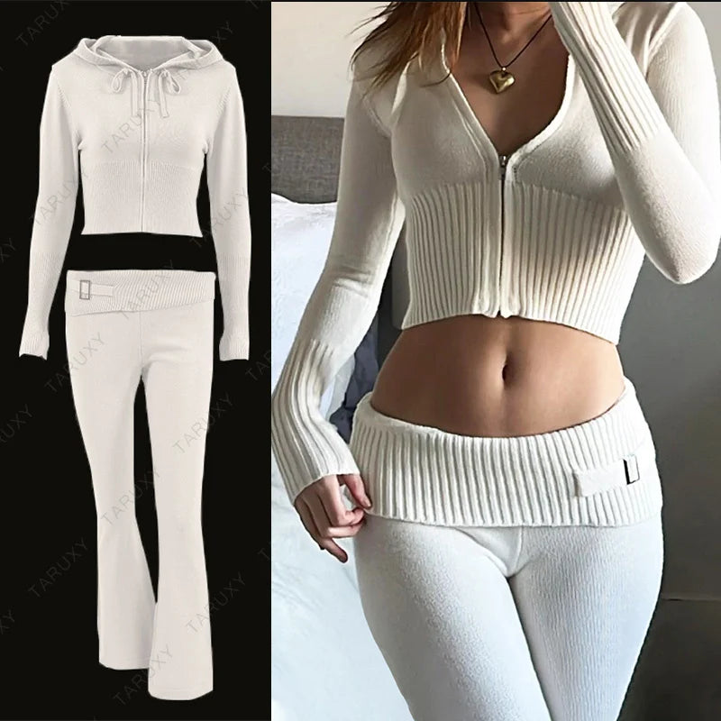 Autumn New Knitted Hoodie Set Women's Fashion Brand Solid Color Sexy High Waist Long Sleeve Pants Two Piece Set