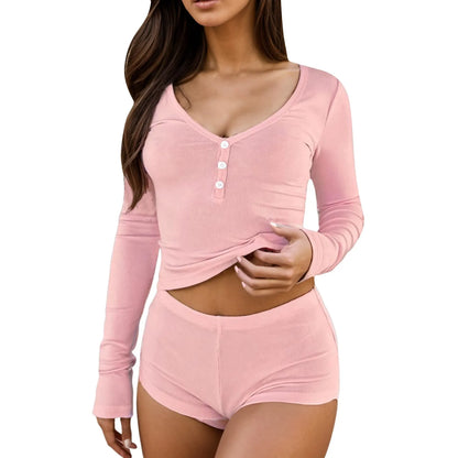 Women Long Sleeve Tops And Shorts Suit Slim Fit Casual Sleep Shirt Shorts Set Casual Solid Color Lightweight Comfy Nightshirt