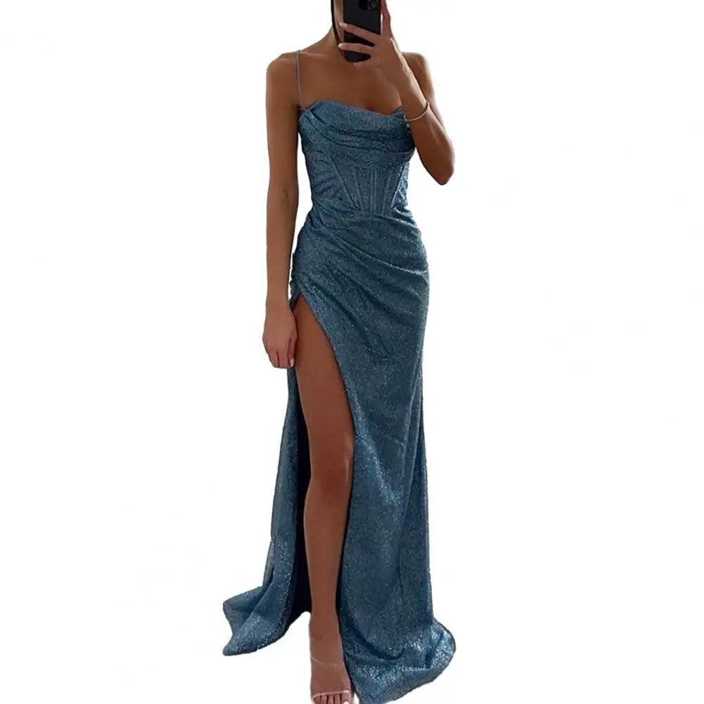 Versatile Party Dress Elegant Sequin Spaghetti Strap Evening Dress with Off Shoulder High Split for Women's Prom Floor Length