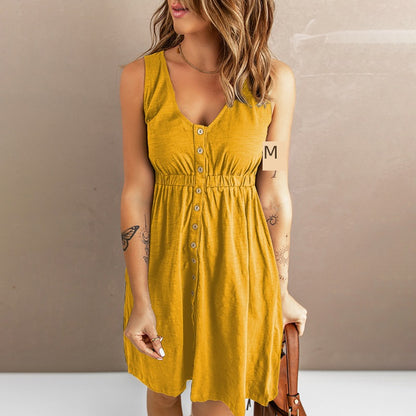 Summer New Arrival Niche Style Front Row Buttons Sleeveless Dress