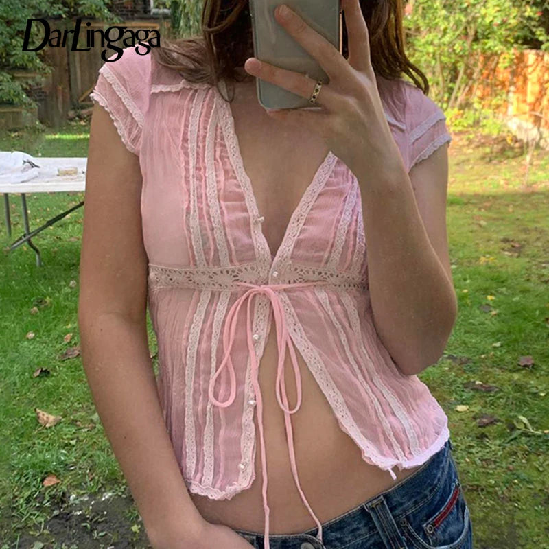 Pink Sweet Lace Spliced Summer T shirts Women Tie-Up Buttons Coquette Clothes Cropped Top Slim Korean Shirts Outfits