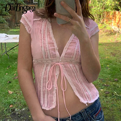 Pink Sweet Lace Spliced Summer T shirts Women Tie-Up Buttons Coquette Clothes Cropped Top Slim Korean Shirts Outfits