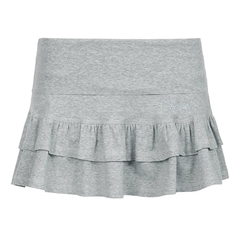 Sweet Ruffle Tiered Mini Shorts Skirt Pink Grey Low-waisted A-line Pleated Skirts with Safety Pants Korean Japanese Y2K