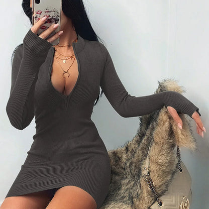 Women Half Zip Up Bodycon Party Dress Spring Autumn Long Sleeve Slim Rib Knitted Mini Dresses