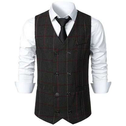 New Suit Vests Men Vintage Double Breasted Smart Casual Waistcoat Mens Sleeveless Formal Wedding Slim V Neck Suit Vest