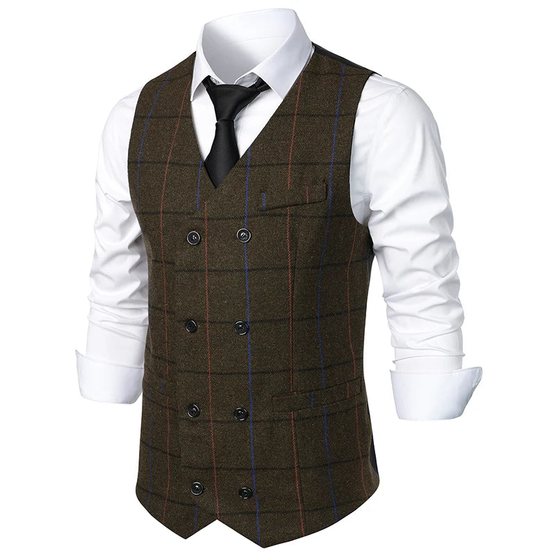 New Suit Vests Men Vintage Double Breasted Smart Casual Waistcoat Mens Sleeveless Formal Wedding Slim V Neck Suit Vest