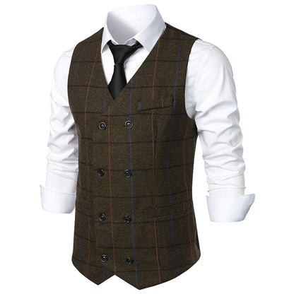 New Suit Vests Men Vintage Double Breasted Smart Casual Waistcoat Mens Sleeveless Formal Wedding Slim V Neck Suit Vest