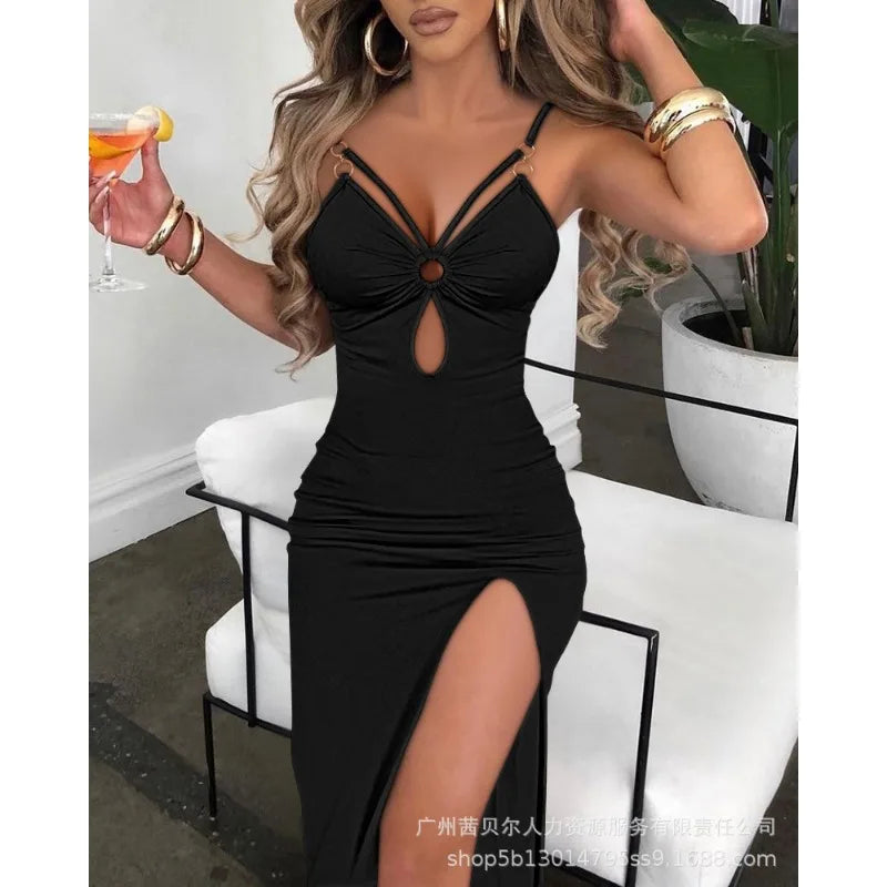 Summer Sexy Dress Women Sleeveless Spaghetti Strap Bodycon Dress Jacquard Fabric Sling Hollow Party Dresses