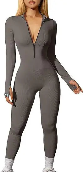 Hot Selling Women's Yoga Jumpsuit Exercise Ribbed Long Sleeved Front Zipper Sports Jumpsuit