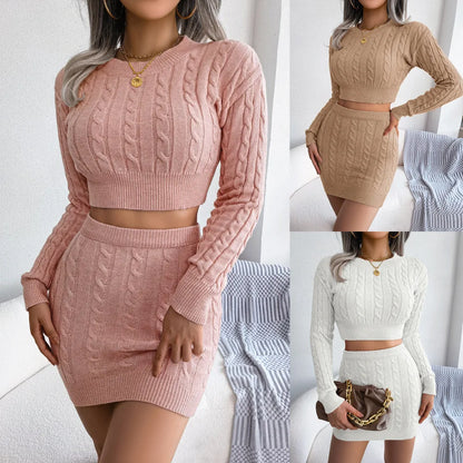 Women Clothes Set Twist Midriff-Baring Sweater Hip Mini Skirt Knitting Suit Solid Color