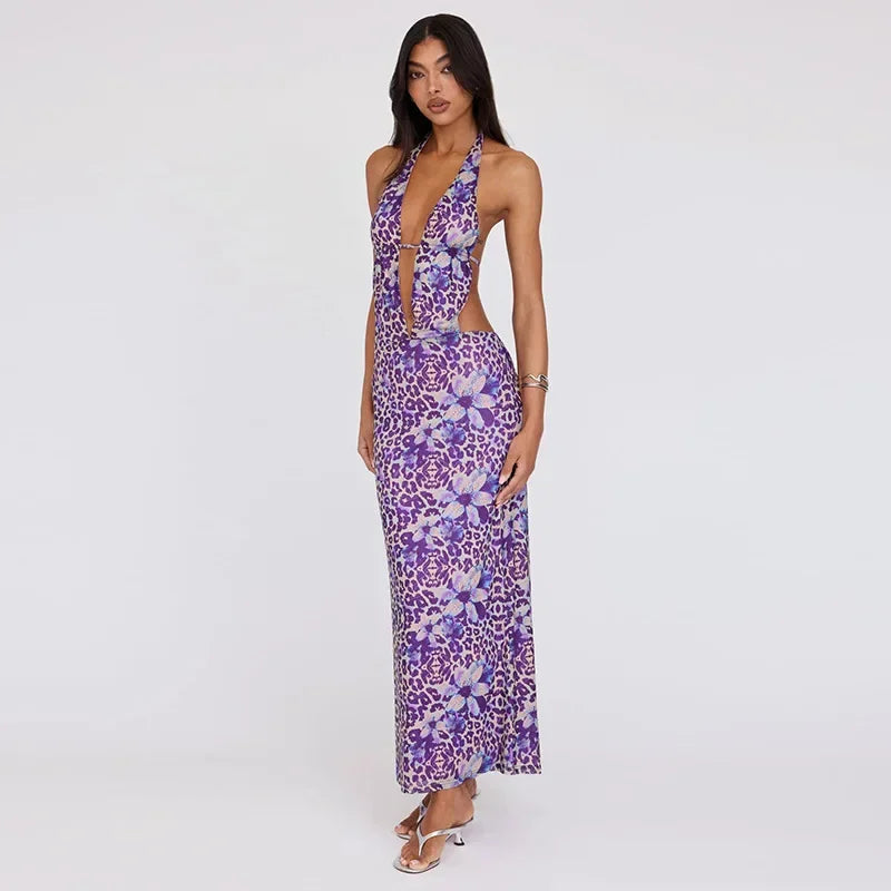 Printed Deep V Hollow Out Party Sexy Dresses Backless Bodycon Elegant Long Dress Women 2024 Summer Dress Vestidos